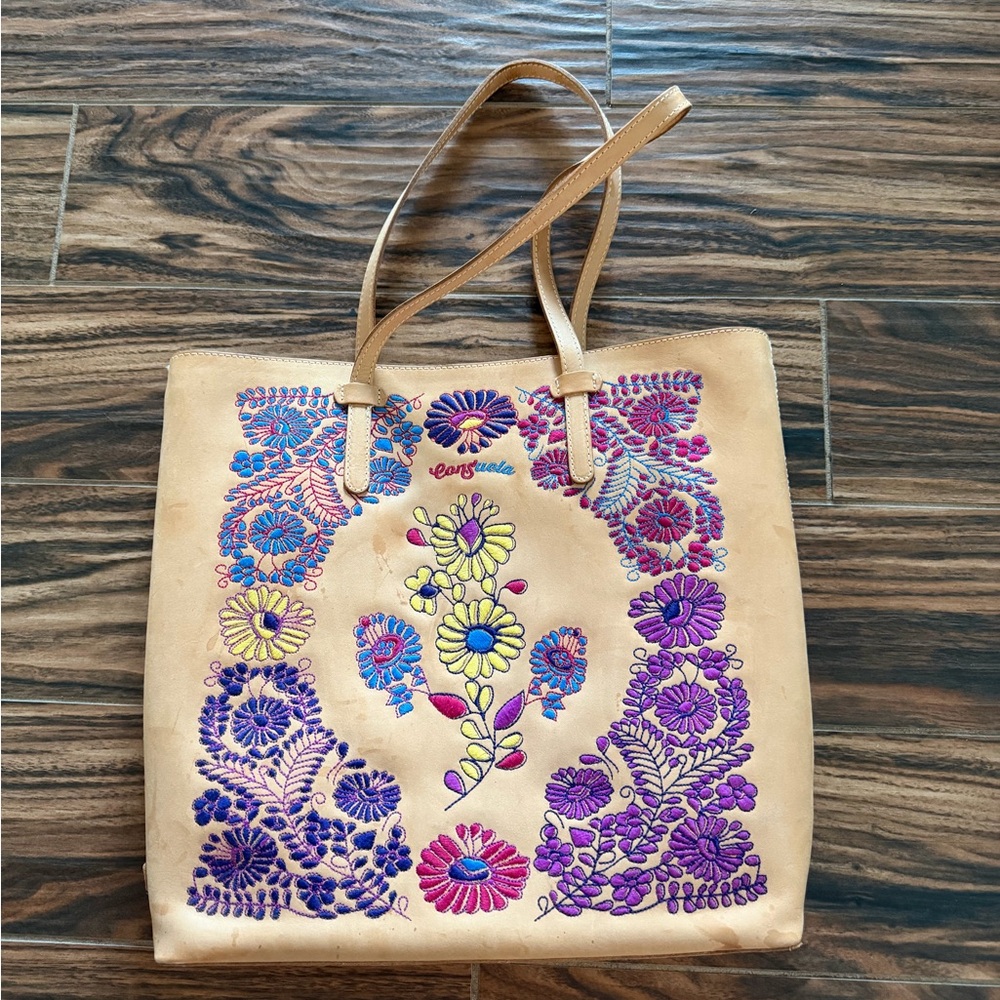 Consuela Embroidered Tan Tote Bag